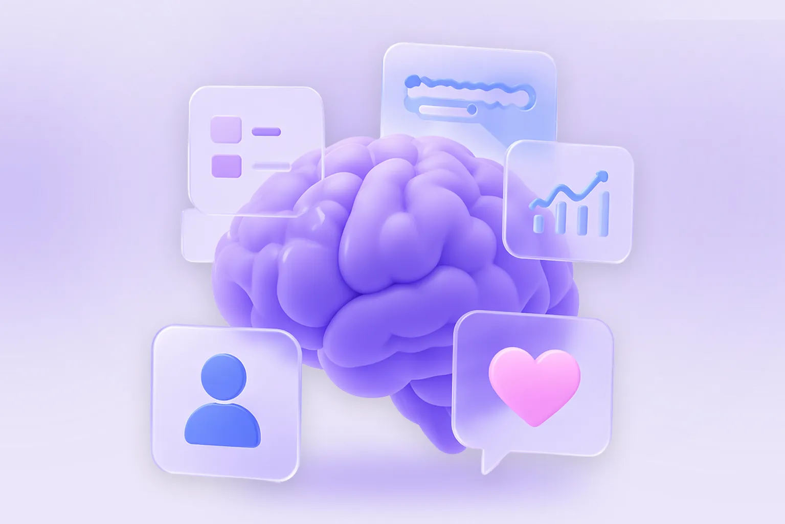 A 3D illustration of a human brain surrounded by floating glass UI panels — chat, analytics, a profile, and a heart — evoking AI that understands people.
