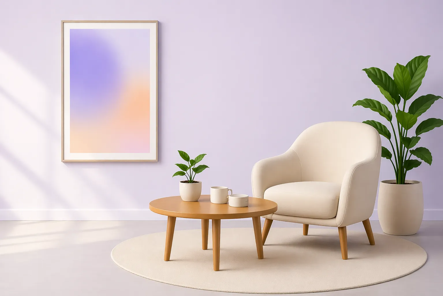 A sunlit living room with a cream armchair, plants, and an abstract gradient artwork — evoking the calm, human-centered character of Rafiq's AI companion.